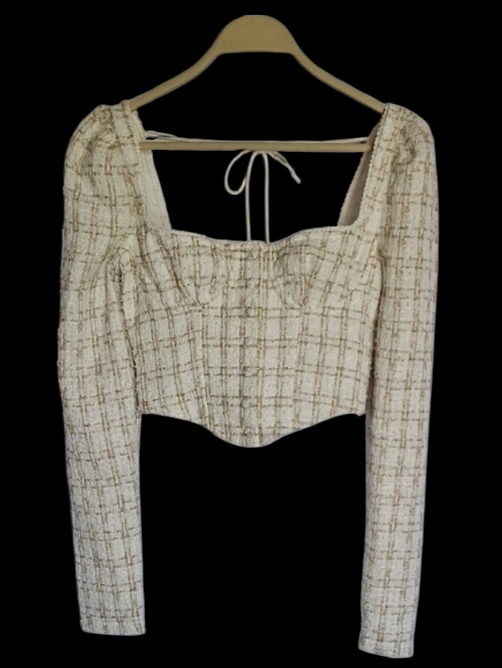 Rumored  Tweed Square-Neck Long Sleeve Crop Top Bustie White Gold XS